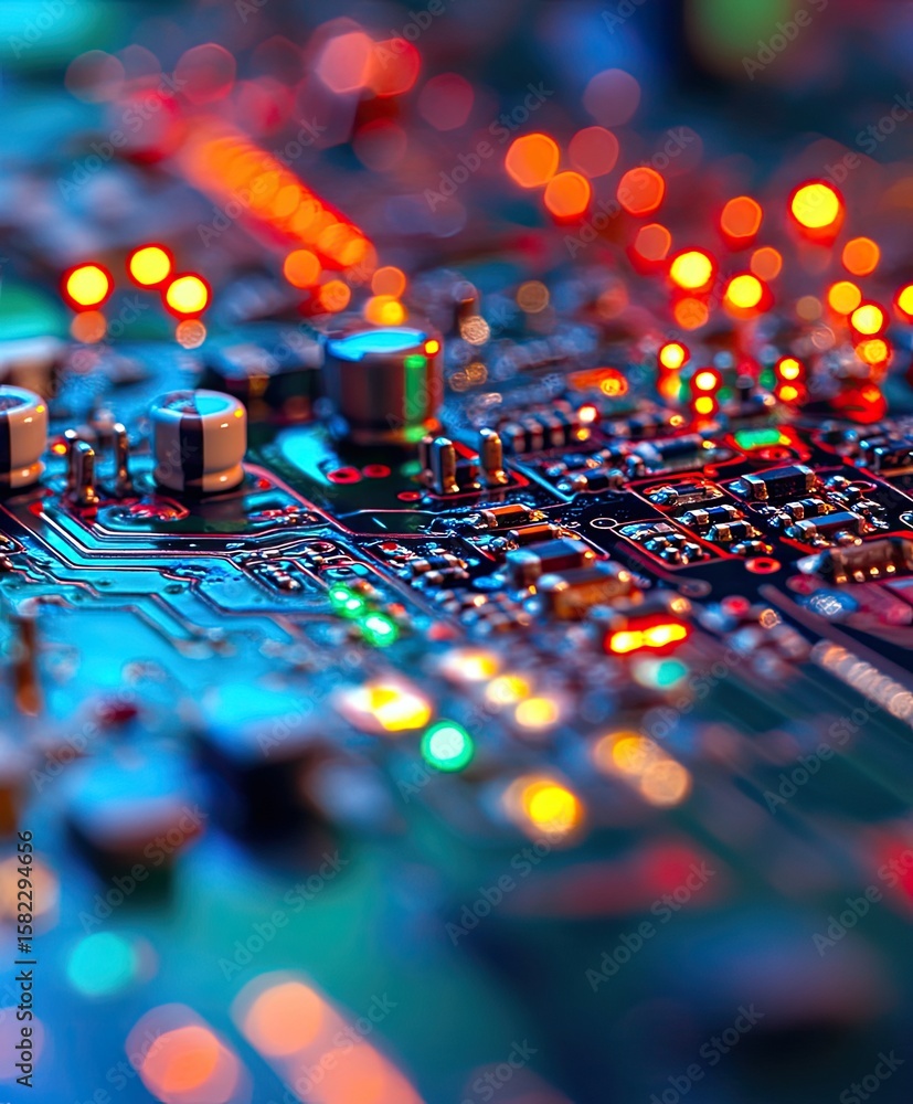 Poster close-up of illuminated circuit board with colorful components
