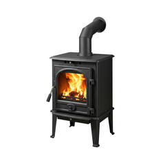 Traditional black cast iron wood burning stove with visible flames