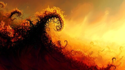 Abstract fiery plant forms against a warm sunset