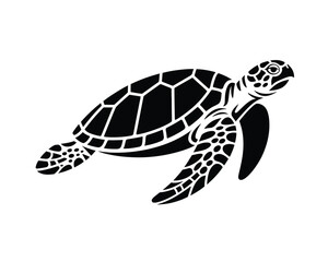 Stylized Tribal Sea Turtle in Motion – Black Ink Line Art with Textured Shell and Flowing Flippers