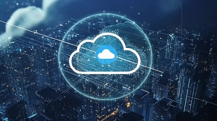 A futuristic cityscape at night with a glowing cloud symbol representing digital connectivity and data - Powered by Adobe
