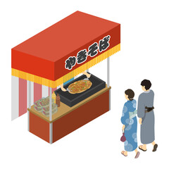 アイソメトリックイラスト：焼きそば屋台で焼きそばを買うカップル