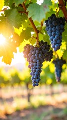 Sunlight highlights bunches of ripe grapes