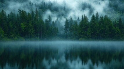 Misty forest reflected in calm lake at dawn (2)