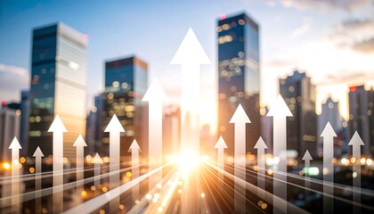 Obraz premium Urban cityscape with upward arrows signifying growth