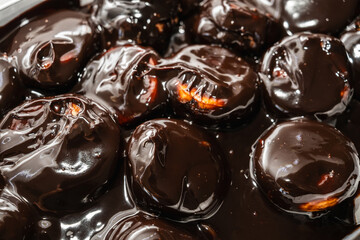Classic profiteroles coated in rich, glossy dark chocolate sauce