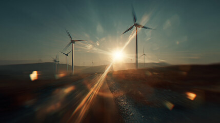 A wind farm with multiple wind turbines under a bright sun, casting long shadows on a road. The scene is set in a rural area with rolling hills in the background.