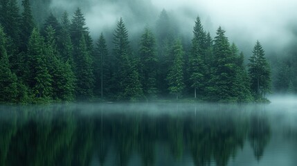 Obraz premium Misty Forest Reflection Foggy lake, pine trees, mountain backdrop, serene nature scene