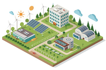 Enchanting Isometric Eco Campus Powered Solar Wind Professional Quality Premium Serene Peaceful Atmosphere Excellent for Creative Portfolio Work Digital Marketing Content Creation Creative Asset