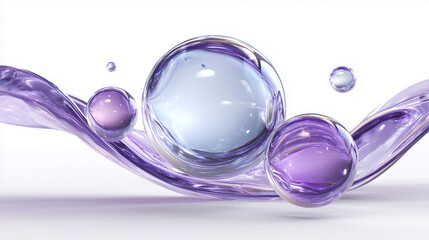 Abstract 3D spheres in purple and blue hues, dynamic movement, fluid shapes, reflective surfaces, minimalist background.