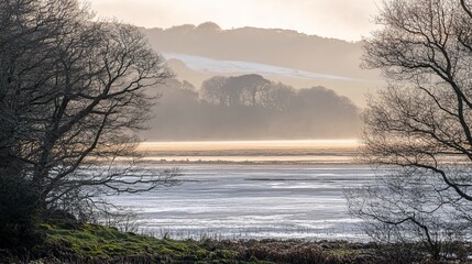 Obraz premium Serene winter sunrise over a misty, frozen lake, framed by bare trees and rolling hills
