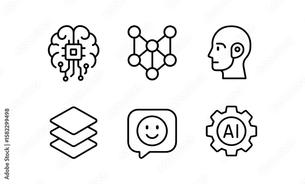 Poster minimalist icons of ai concepts including neural networks and chatbots