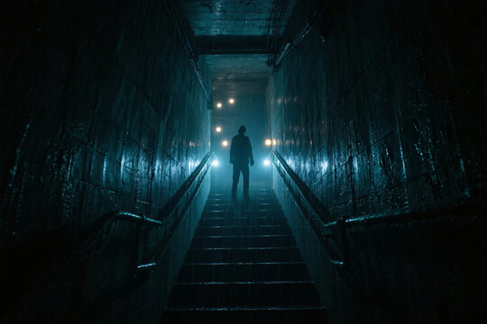 Silhouette of man at scary empty place, liminal space