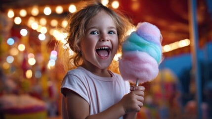 A child holding a large colorful cotton candy with a happy expression