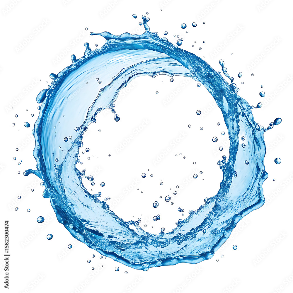 Poster dynamic blue water splash forming a circular shape isolated on transparent background