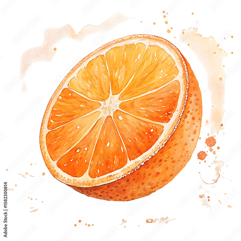 Poster watercolor orange slice with splashing juice isolated on transparent background