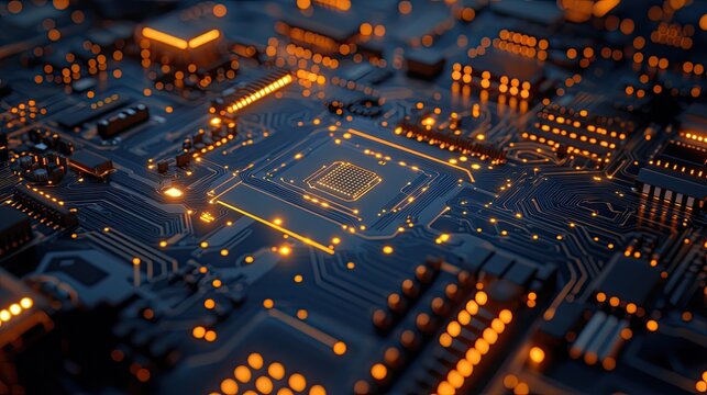 Close-up view of a complex circuit board with a central processor chip, highlighted by glowing orange lights.  Intricate pathways and components are visible