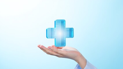 Obraz premium Healthcare Symbol A Hand Holding a Glowing Blue Cross
