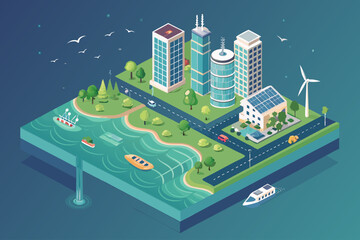Gorgeous Floating Eco City Powered Renewables Isometri Refined Artistry Collection Energetic Lively Composition Perfect for Print Publication Design Contemporary Lifestyle Photography Excellence Creat