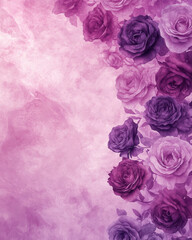 Purple and pink roses create dreamy floral background with watercolor effect, blending soft hues and delicate textures. romantic design evokes sense of elegance and tranquility
