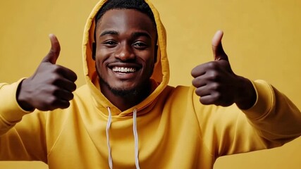 Smiling man in yellow hoodie giving thumbs up to express positivity and happiness