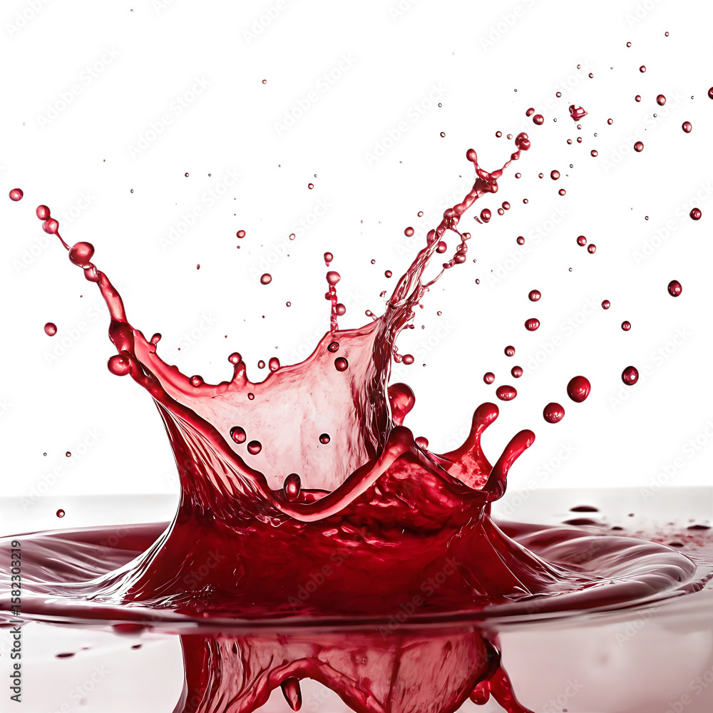 Poster dynamic red liquid splash with droplets isolated on transparent background
