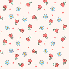 Seamless Floral Pattern Background with Tulips and Hearts