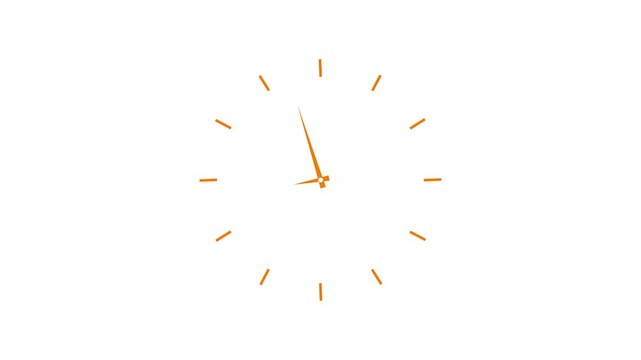 Twelve hours clock run, moving time arrows, 12 hours clock dial loop, twenty-four hours time lapse animation, Hours appear on a white background and quickly go