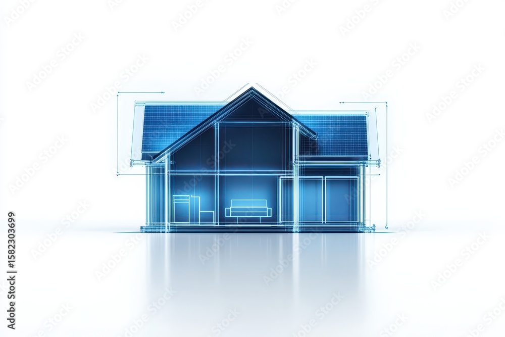 Poster engineer electrician solar concept. 3d architectural rendering of a modern house design with detaile