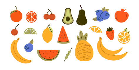 Natural tropical fruits, citrus orange, vitamin lemon, avocado, strawberry, pineapple. Hand-drawn for print, banner, poster, social network. art  cute icons, isolated icons on a white background.  png