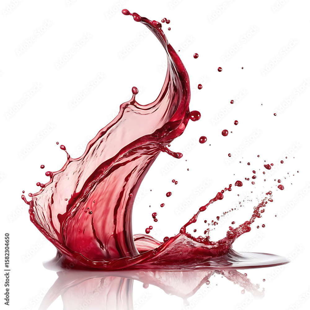Poster dynamic red liquid splash with droplets isolated on transparent background