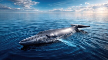 Obraz premium A giant blue whale with smooth bluish-gray skin, calmly floating near the surface of the open ocean