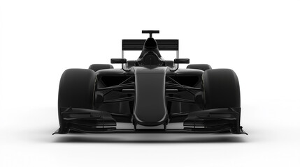 front view of black formula one racing car on white background.