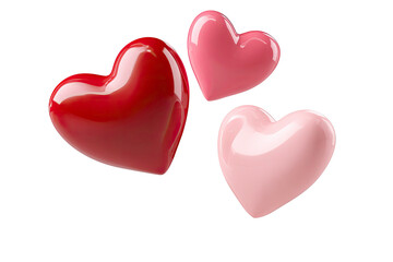 Obraz premium Three glossy hearts in red and pink on transparent background