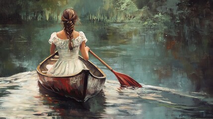 Young woman kayaking with determination on a calm river surrounded by nature, showcasing outdoor adventure, fitness, and active lifestyle in a peaceful scenic setting