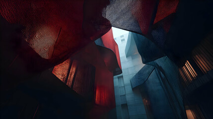 structure made of floating geometric shapes over an abstract space grid