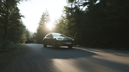 black electric suv driving fast on forest road with sun flare.