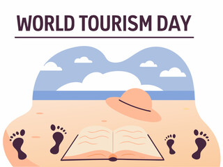 World Tourism Day Illustration with Beach Scene Footprints Book and Hat for Travel and Vacation
