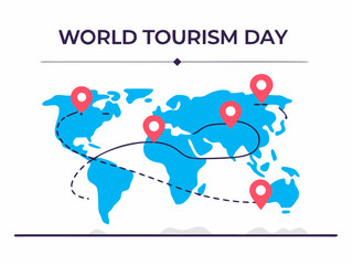 World Tourism Day A Blue World Map with Red Location Pins and Travel Routes stylized © Pixel Verses