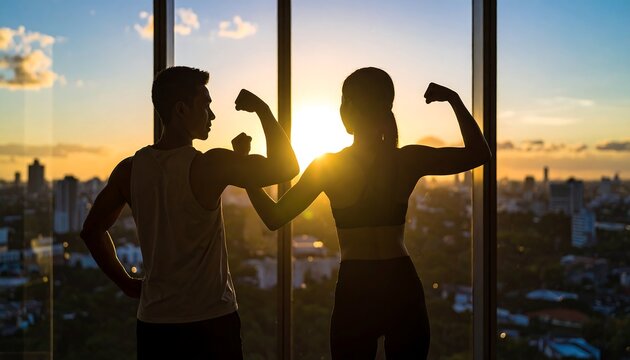 Silhouette of a couple flexing biceps against a sunset city view