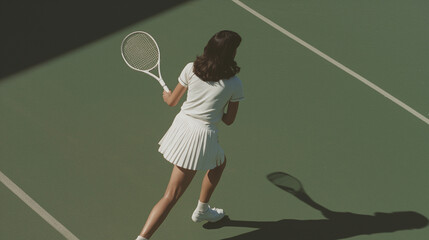 female tennis player in white outfit on green court.