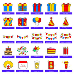 Colorful birthday party icon set including gifts, balloons, cakes, banners, and more. Flat style and cheerful tones perfect for party-themed designs or printables.