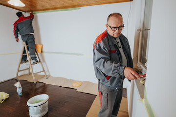 Two men painting a room, applying detail work and ensuring a clean, refined appearance. The image...