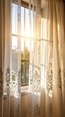 Sunlight streams through lace curtains