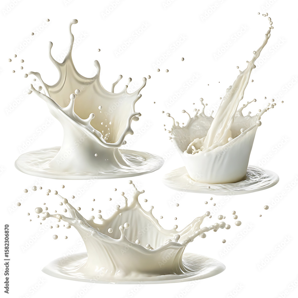 Poster dynamic milk splash with droplets isolated on transparent background
