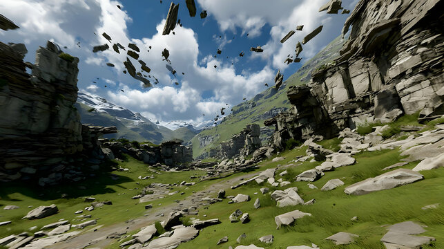 landscape with floating shards of earth and twisted skies above