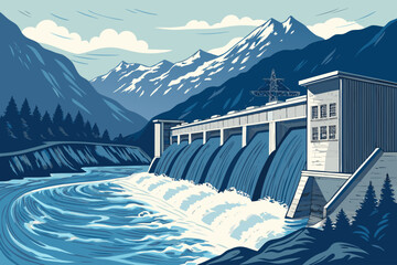 Obraz premium Brilliant Hydropower Dam with Rushing Water Bold Skilled Craftsmanship Display Cool Refreshing Aesthetic Perfect for Social Media Content Artistic Photography Masterpiece Creation Creative Asset