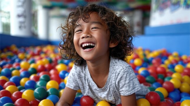 A child playing in a pool filled with colorful plastic balls