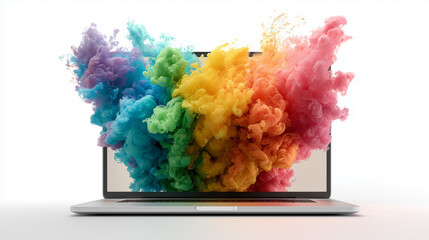 Fototapeta premium A laptop screen with vibrant, colorful smoke plumes billowing outwards. The smoke features a spectrum of colors including blue, green, yellow, orange, and pink.