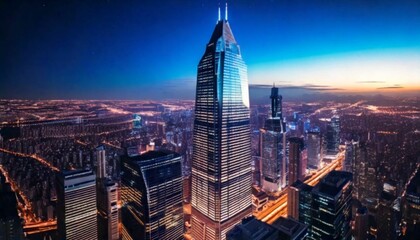 
"Futuristic Skyscraper with Reflective Metal Panels and Sharp Angular Design